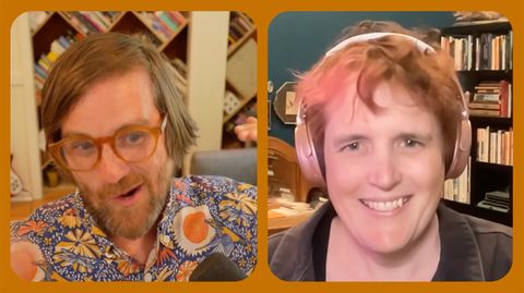 Title card from the podcast with headshots of Brad and Mia