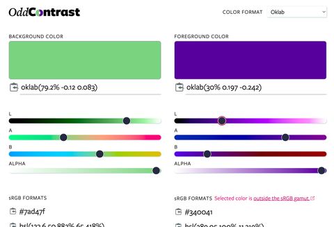 Oklab purple color showing a message next to sRGB Formats that says
    Selected color is outside the sRGB gamut
    with a link to more detailed information